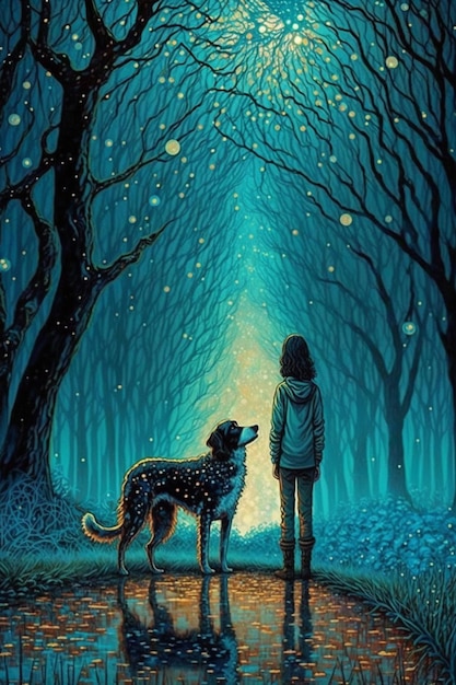 uma pintura de uma pessoa e um cachorro em uma floresta generativa ai