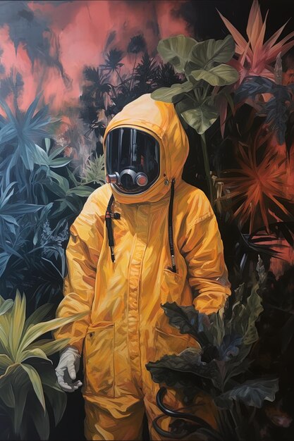 Foto uma pintura de uma pessoa em um casaco de chuva amarelo com uma máscara