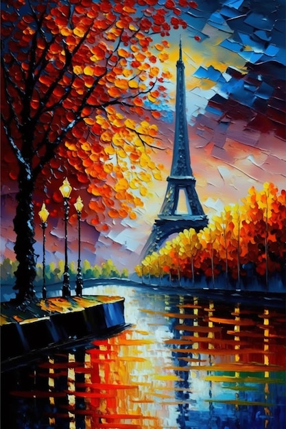 Uma pintura de uma pintura de uma torre eiffel na chuva generativa ai