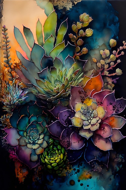 Uma pintura de uma planta com um fundo colorido.