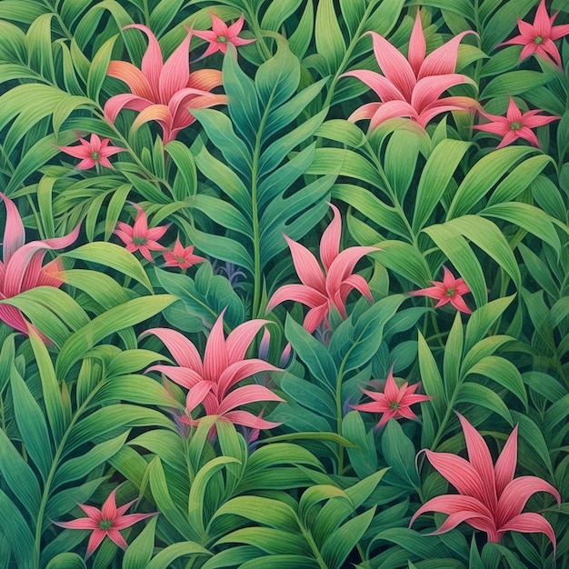 Uma pintura de uma planta tropical com flores cor de rosa.