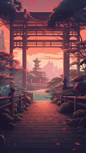 Uma pintura de uma ponte com um portão de estilo japonês ao fundo.