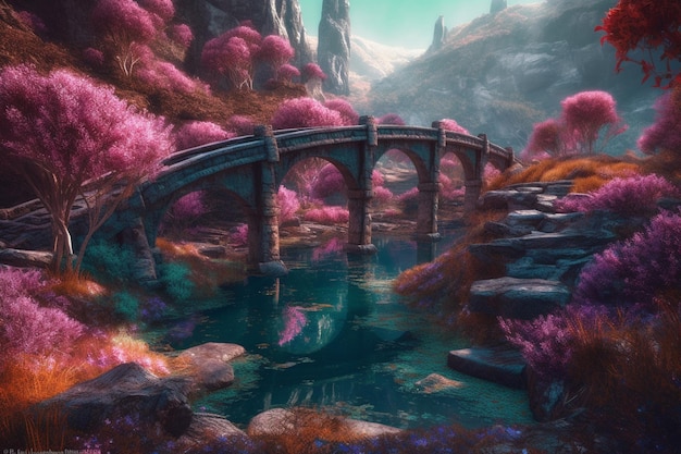 Uma pintura de uma ponte sobre um rio com flores cor de rosa.