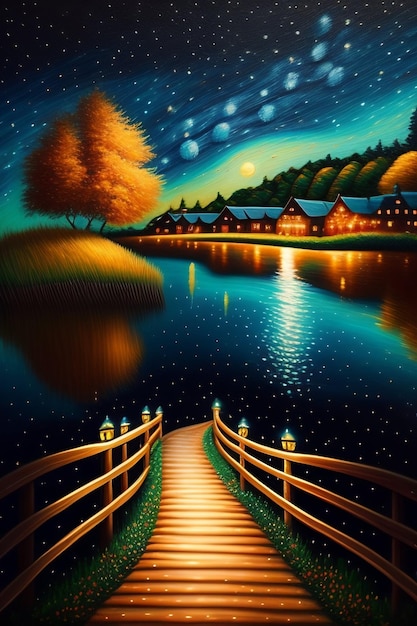 Uma pintura de uma ponte sobre um rio com um céu estrelado.