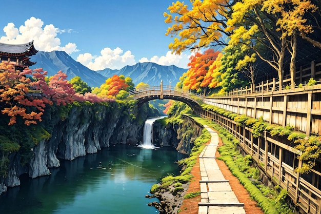 Uma pintura de uma ponte sobre um rio com uma cachoeira ao fundo.