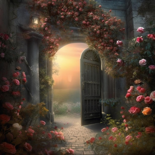 Uma pintura de uma porta com rosas