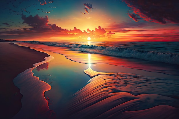 Uma pintura de uma praia com o sol se pondo sobre ela