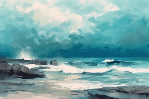 Uma pintura de uma praia com ondas quebrando contra ela.