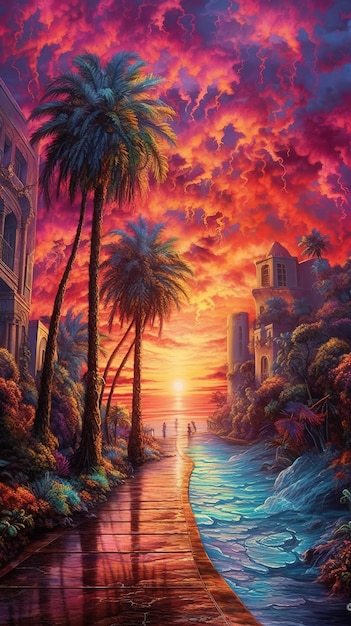 Uma pintura de uma praia com palmeiras e um pôr do sol.