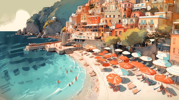 Uma pintura de uma praia com pessoas nadando na água