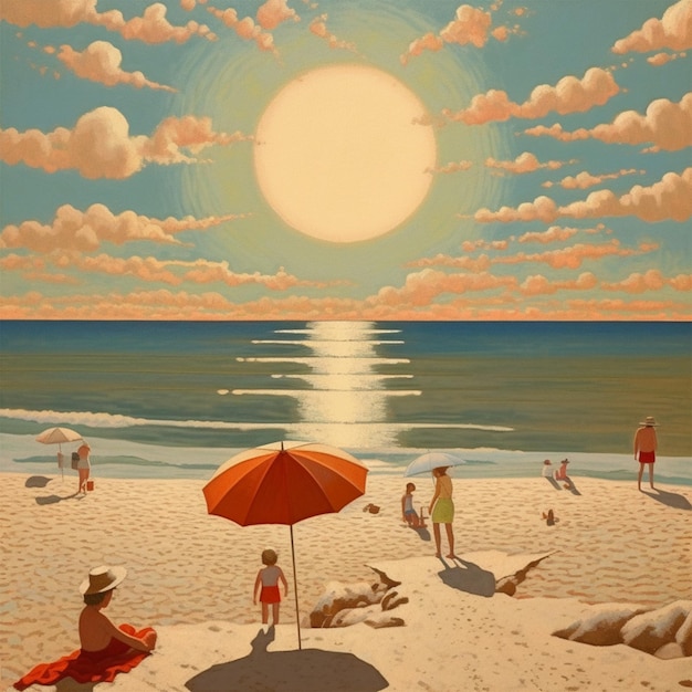 Uma pintura de uma praia com sol e nuvens