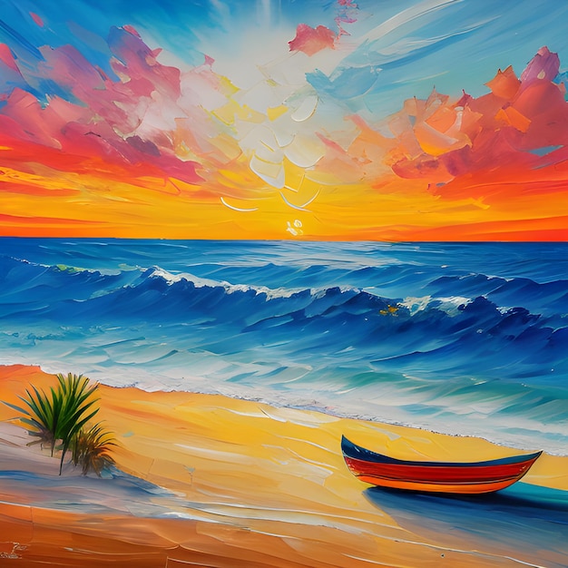 Uma pintura de uma praia com um barco na areia.