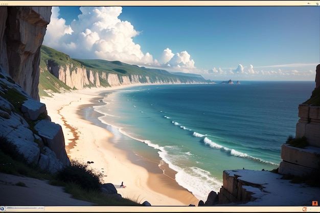 Uma pintura de uma praia com um céu azul e nuvens