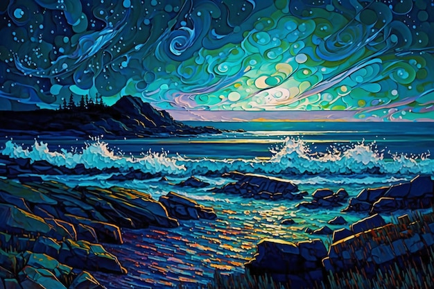 Uma pintura de uma praia com um céu estrelado e ondas.