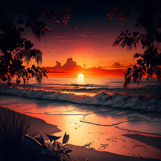 Uma pintura de uma praia com um pôr do sol ao fundo