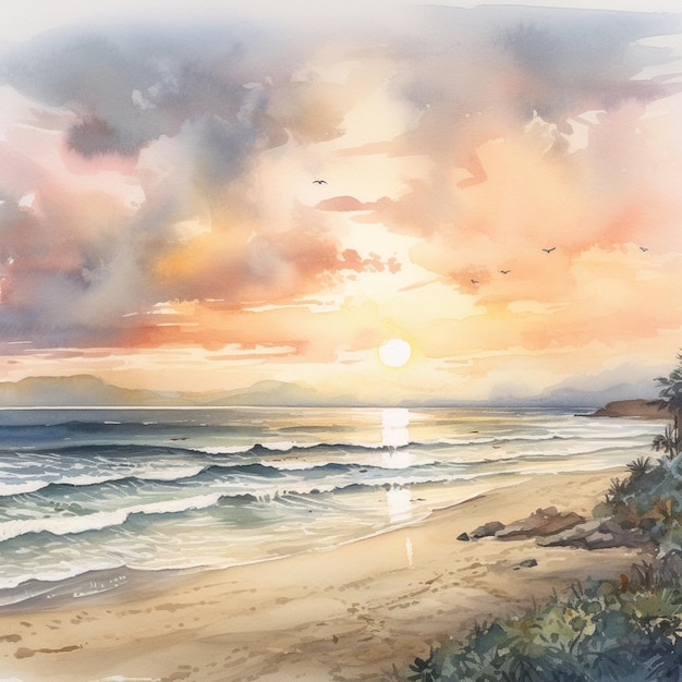 Uma pintura de uma praia com um pôr do sol ao fundo.