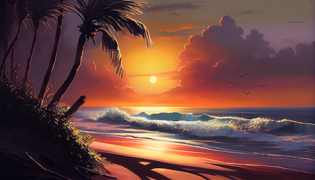 Uma pintura de uma praia com um pôr do sol e o pôr do sol atrás dela.