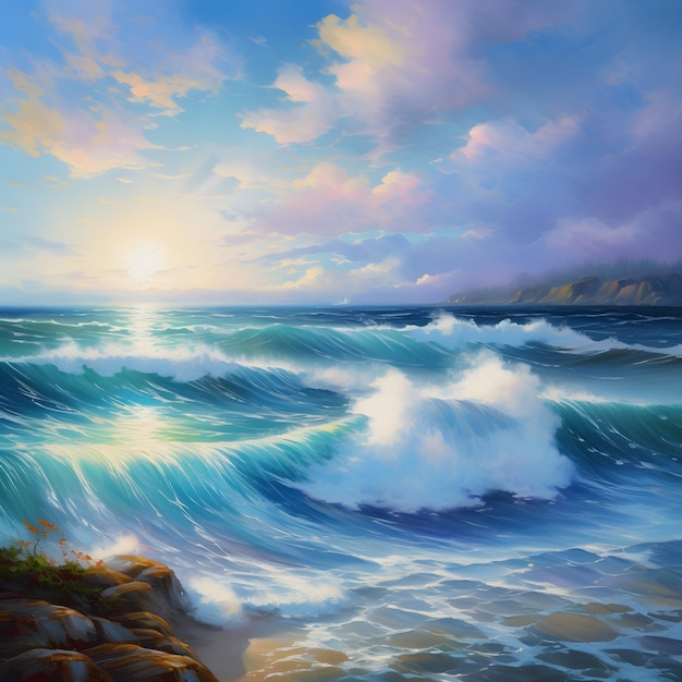 Uma pintura de uma praia com um pôr do sol e o sol brilhando na água.