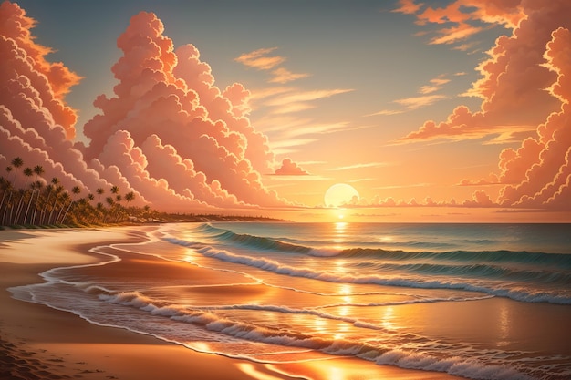 Uma pintura de uma praia com um pôr do sol e palmeiras