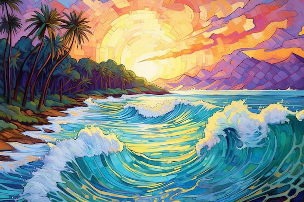 Uma pintura de uma praia com um pôr do sol e palmeiras.