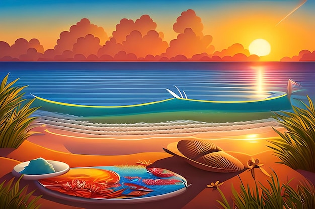 Uma pintura de uma praia com um pôr do sol e uma onda