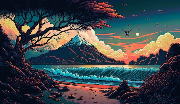 Uma pintura de uma praia com uma montanha ao fundo.