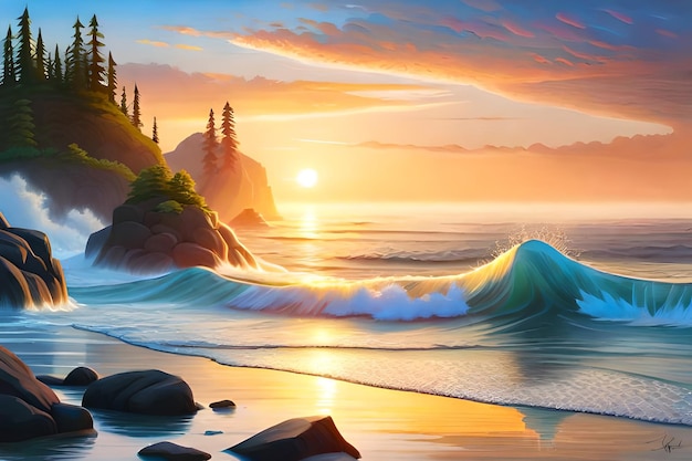 Uma pintura de uma praia com uma onda quebrando no oceano.