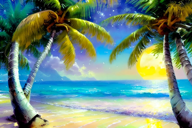 Uma pintura de uma praia com uma palmeira e a lua ao fundo.