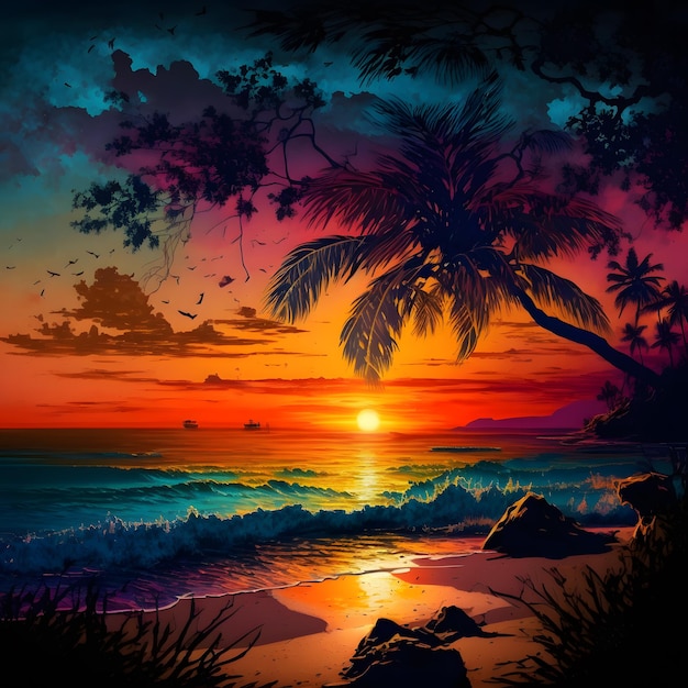Uma pintura de uma praia com uma palmeira
