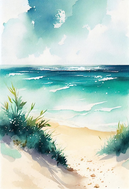 Uma pintura de uma praia com uma praia e o mar ao fundo.