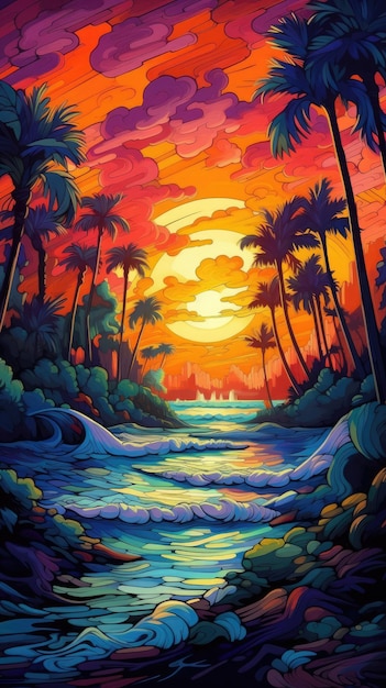 Uma pintura de uma praia tropical com palmeiras e o sol brilhando por entre as nuvens.