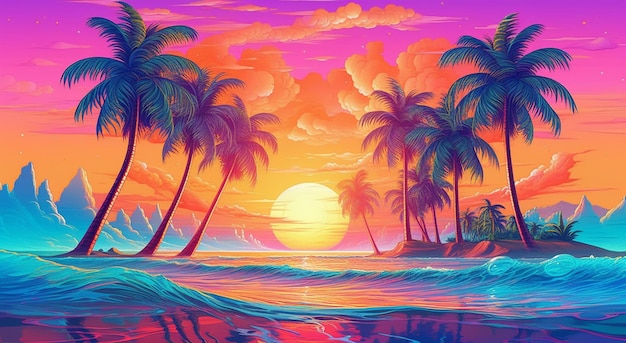 Uma pintura de uma praia tropical com palmeiras e o sol brilhando sobre ela.