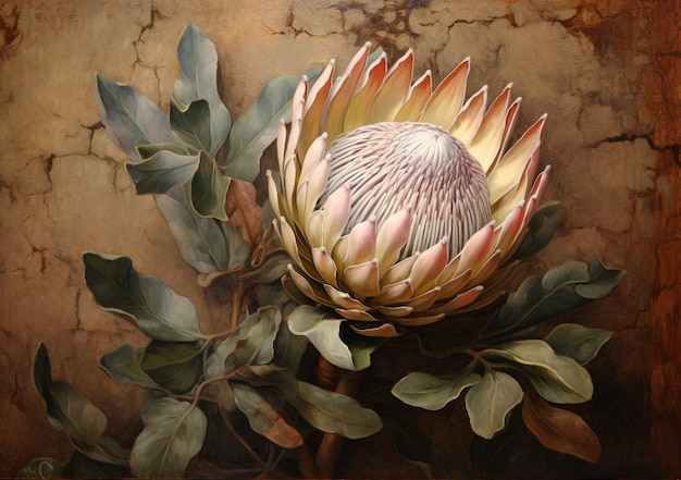 Uma pintura de uma protea com folhas e folhas