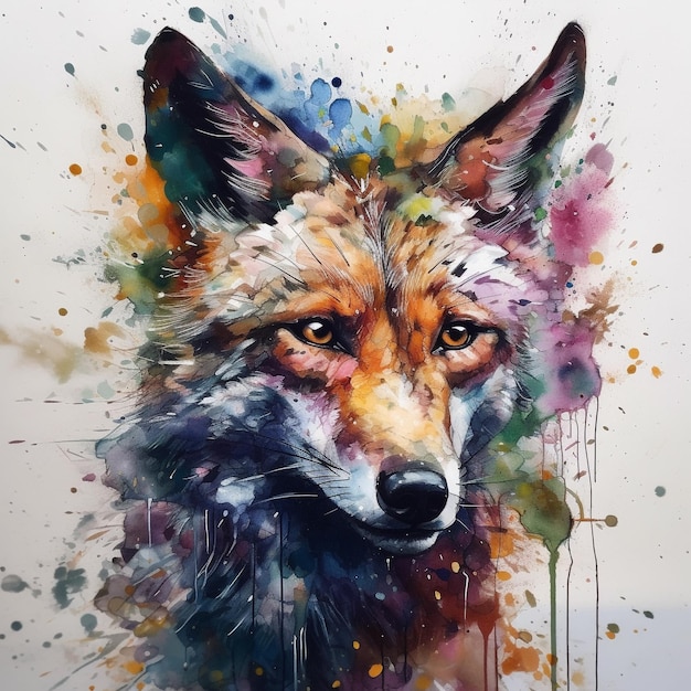 Uma pintura de uma raposa com nariz e olhos vermelhos.
