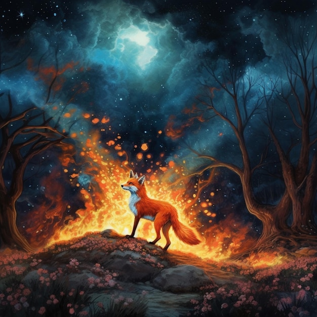 Uma pintura de uma raposa em uma floresta com a lua ao fundo.