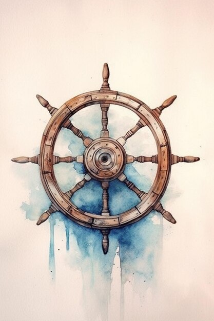 uma pintura de uma roda de navio com um fundo de céu azul