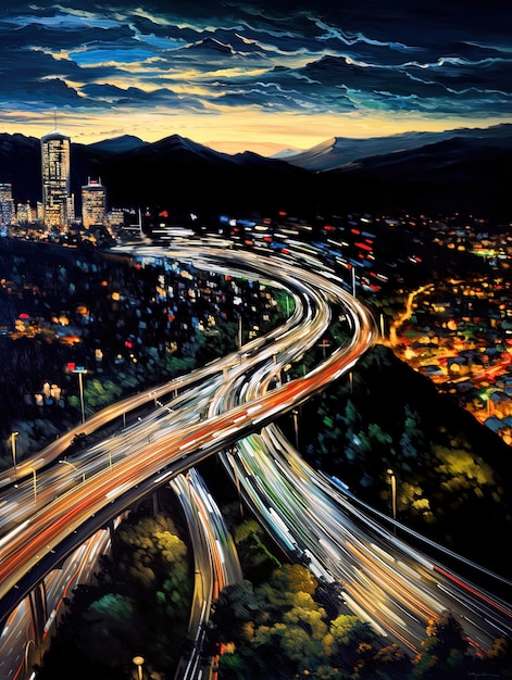 uma pintura de uma rodovia com uma cidade no fundo