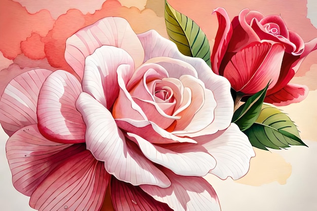 Uma pintura de uma rosa com uma flor rosa nela.