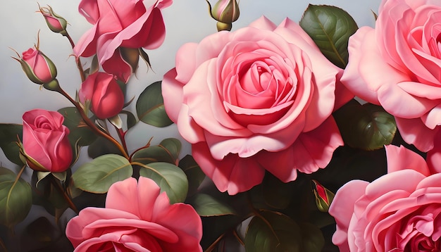 uma pintura de uma rosa rosa com folhas verdes