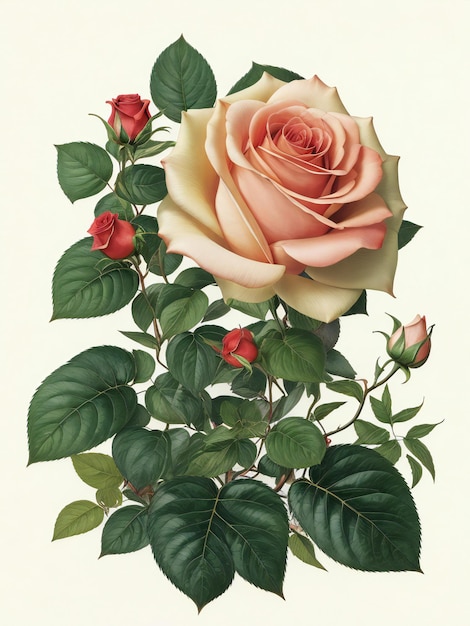 uma pintura de uma rosa rosa com folhas verdes