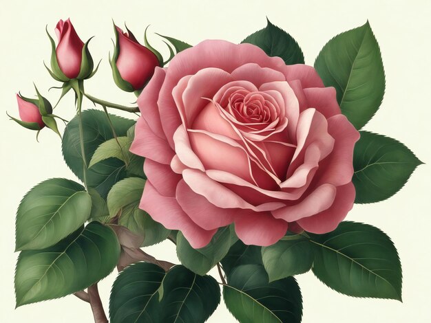 Foto uma pintura de uma rosa rosa com folhas verdes