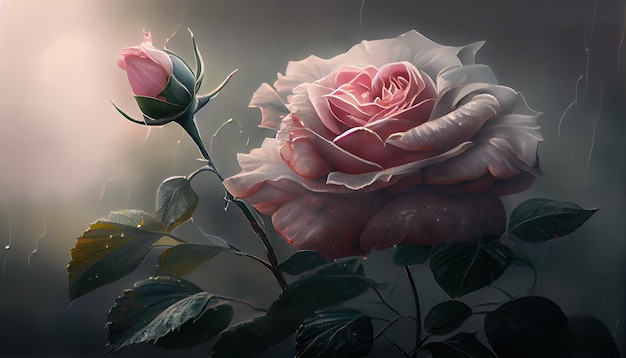 Uma pintura de uma rosa rosa na IA generativa da chuva