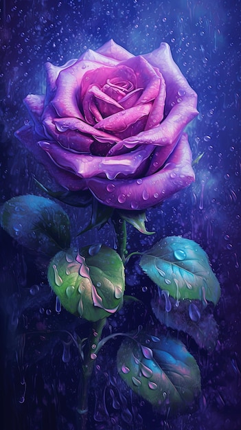 Uma pintura de uma rosa roxa com gotas de água