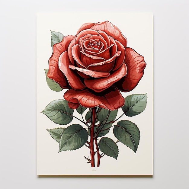 Uma pintura de uma rosa vermelha com folhas verdes.