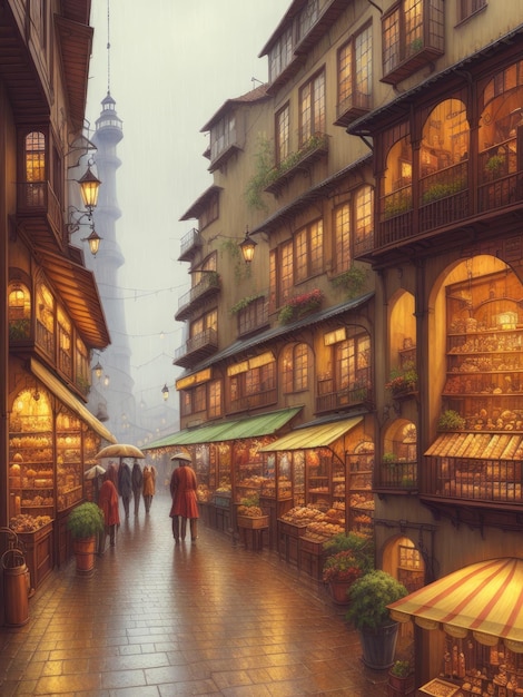 Uma pintura de uma rua com lojas e uma torre alta.