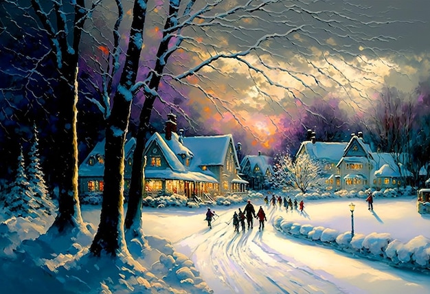 Uma pintura de uma rua com neve com uma cena de pessoas caminhando na neve.