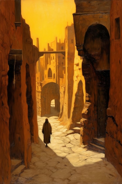 Uma pintura de uma rua com um homem com uma longa túnica preta e um céu amarelo.
