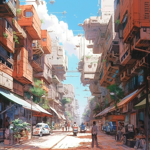 Uma pintura de uma rua com um prédio do lado esquerdo.