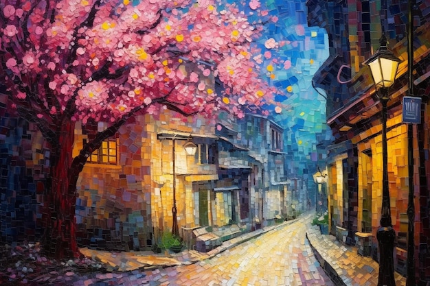 Uma pintura de uma rua com uma árvore com flores cor de rosa