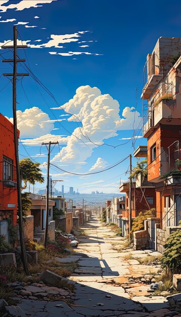 Foto uma pintura de uma rua com uma cidade no fundo